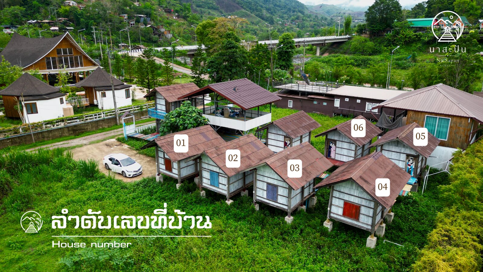 นาสะปัน โฮมสเตย์ มุมสูงพร้อมลำดับเลขที่บ้าน 01-06 กลางทุ่งนา บ้านสะปัน จังหวัดน่าน